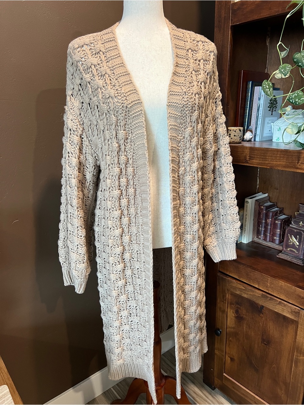 Beige Open-Front Chunky Cable Knit Long Cardigan